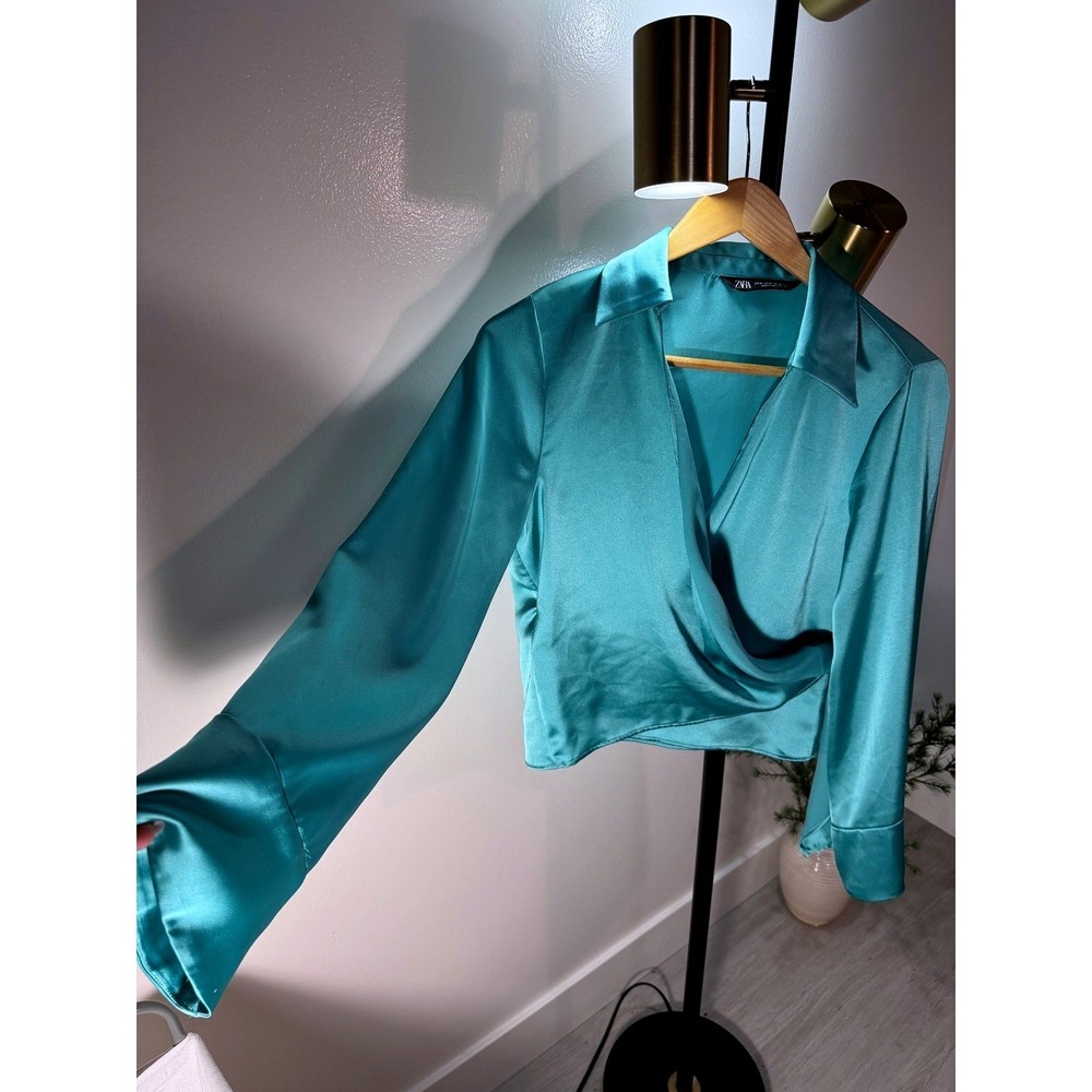 Zara satin wrap top teal 80s glam loose‎ fit xs flowy smooth comfort night out